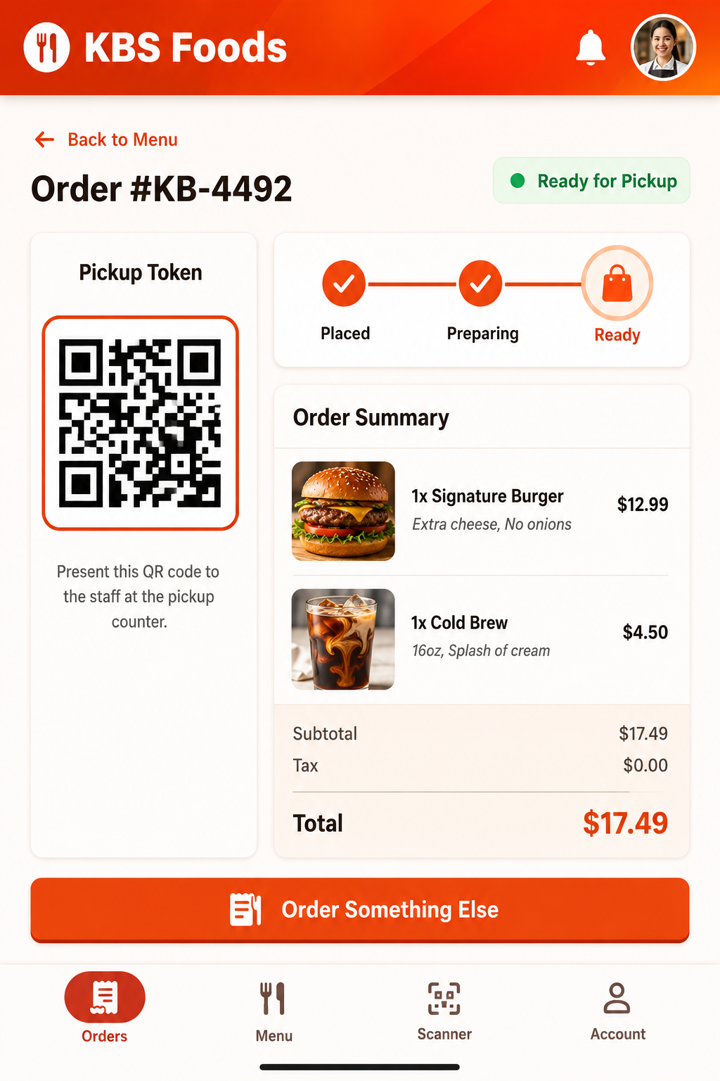 KBS Foods Order Detail - QR code pickup token, status timeline, and itemized order summary with real-time tracking